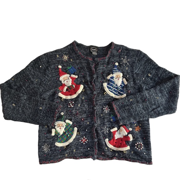 VTG 90s Y2K embroidered Santa motifs ugly Xmas sweater cardigan whimsical L - Picture 3 of 12